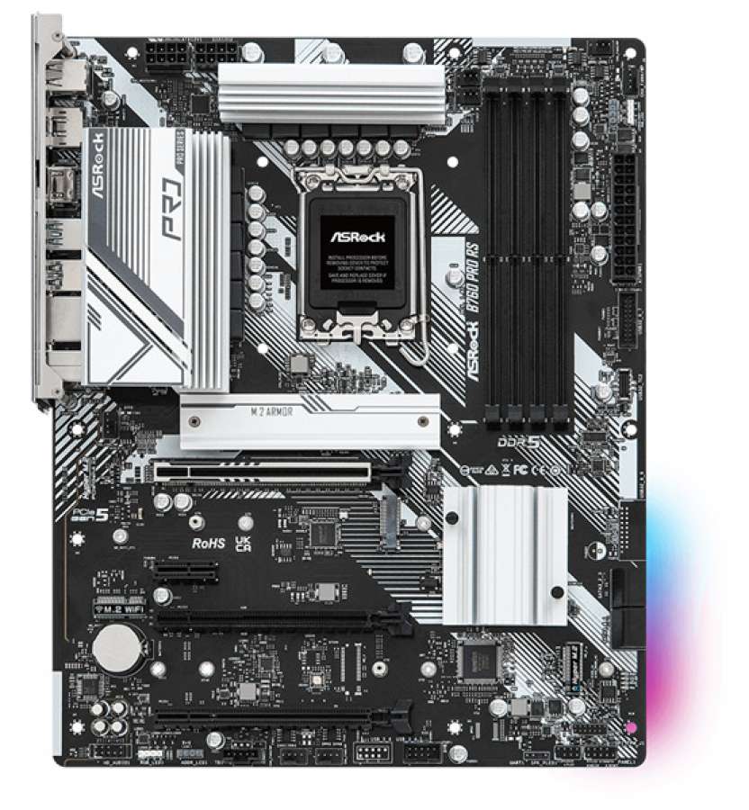 Материнская плата ATX ASRock B760 PRO RS (LGA1700, B760, 4*DDR5(7200), 4*SATA 6G RAID, 3*M.2, 3*PCIe, 2.5Glan, HDMI, DP, 6*USB 3.2, 4*USB 2.0, Type-C)