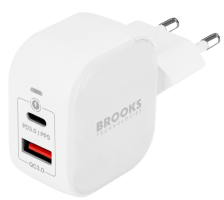 BROOKS Technologies 25W GaN Dual Wall Quick Charger USB-A+USB-C Белое
